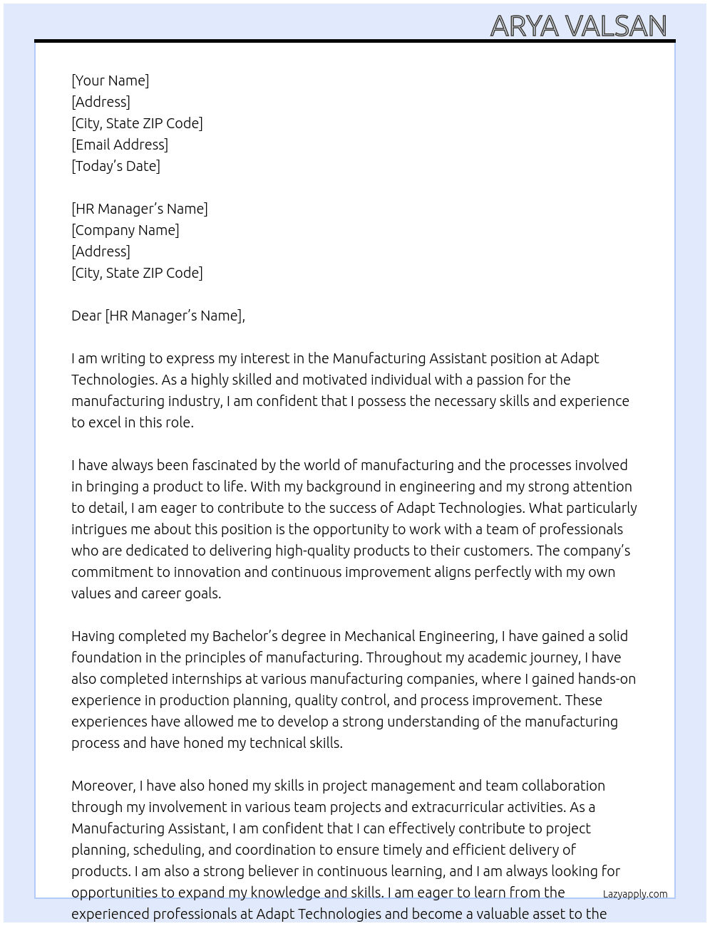 Manufacturing assistant  At Adapt technologies  Cover Letter