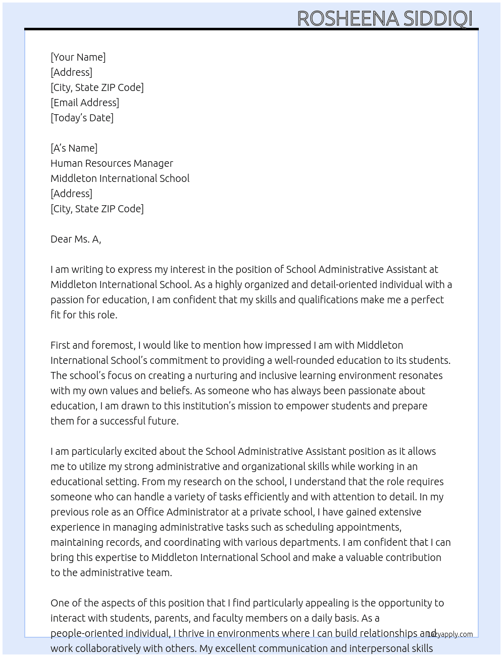 School administrative assistant  At Middleton International School  Cover Letter