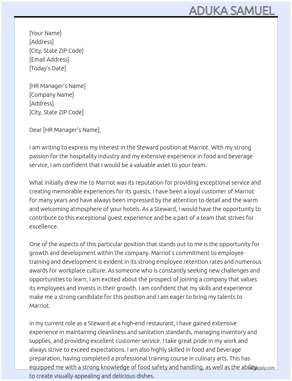 Steward  At Marriot  Cover Letter