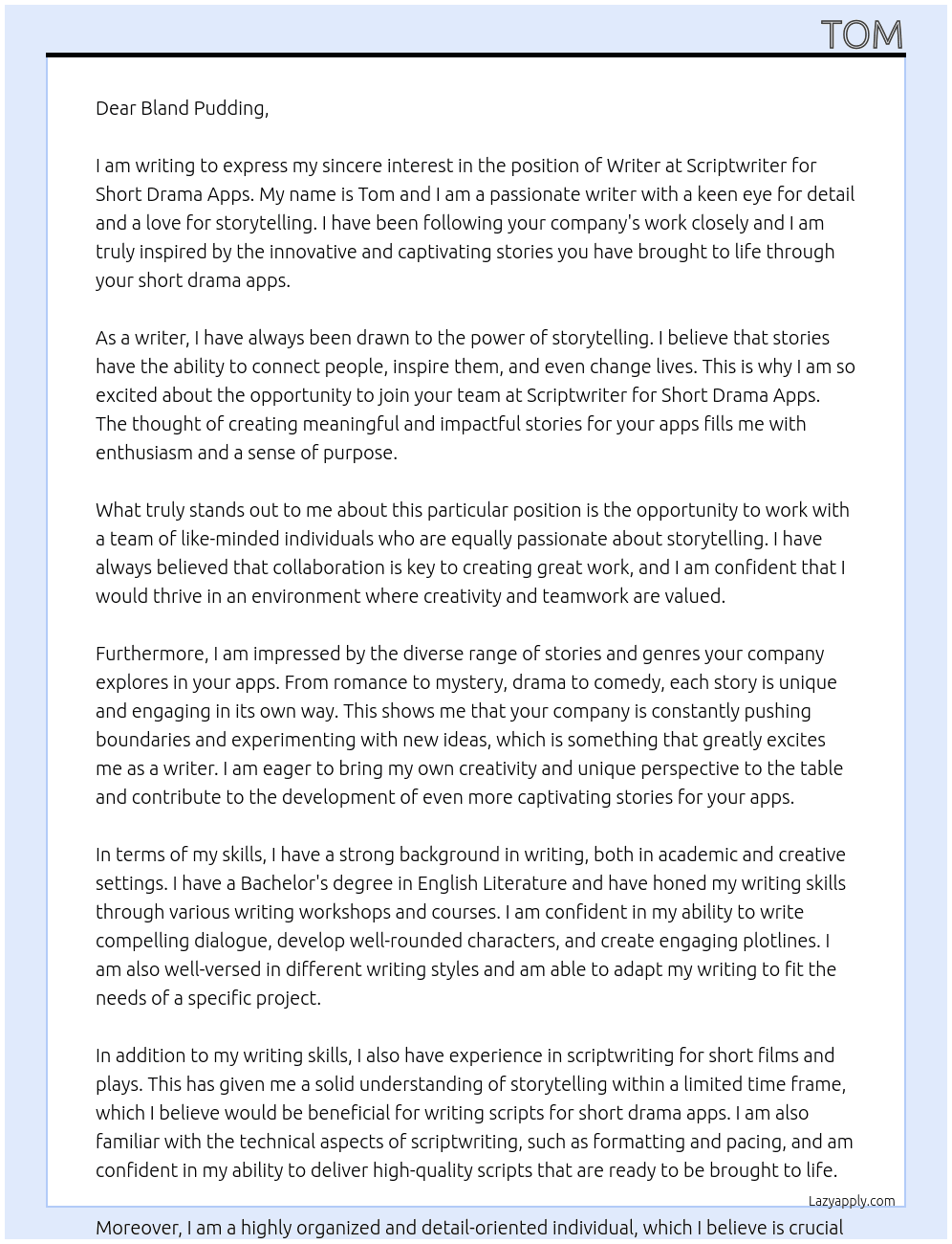Writer At Scriptwriter for short drama apps Cover Letter