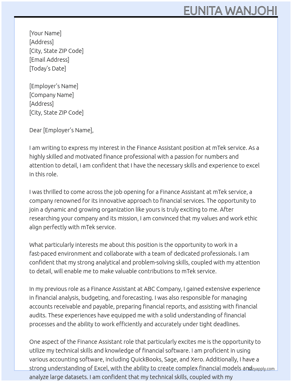 Finance Assistant At mTek service  Cover Letter