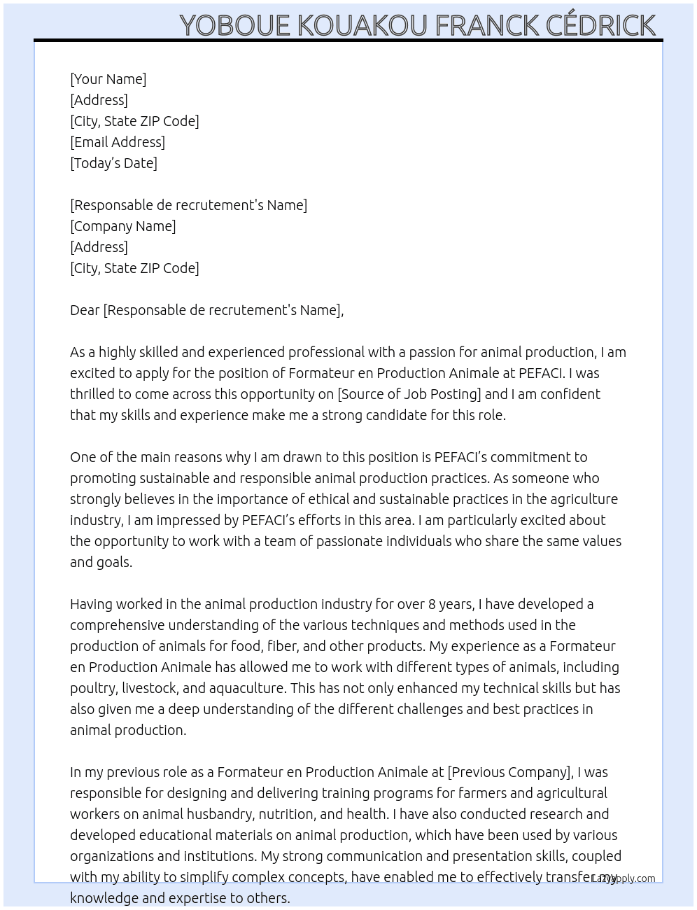 FORMATEUR EN PRODUCTION ANIMALE  At PEFACI Cover Letter