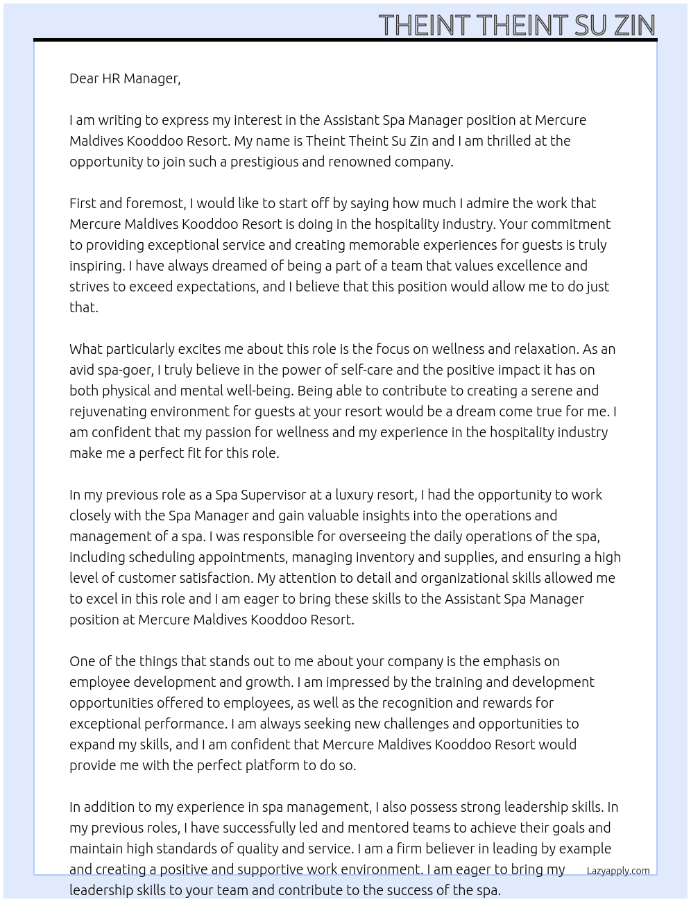 Assistant Spa Manager At MERCURE MALDIVES KOODDOO RESORT Cover Letter