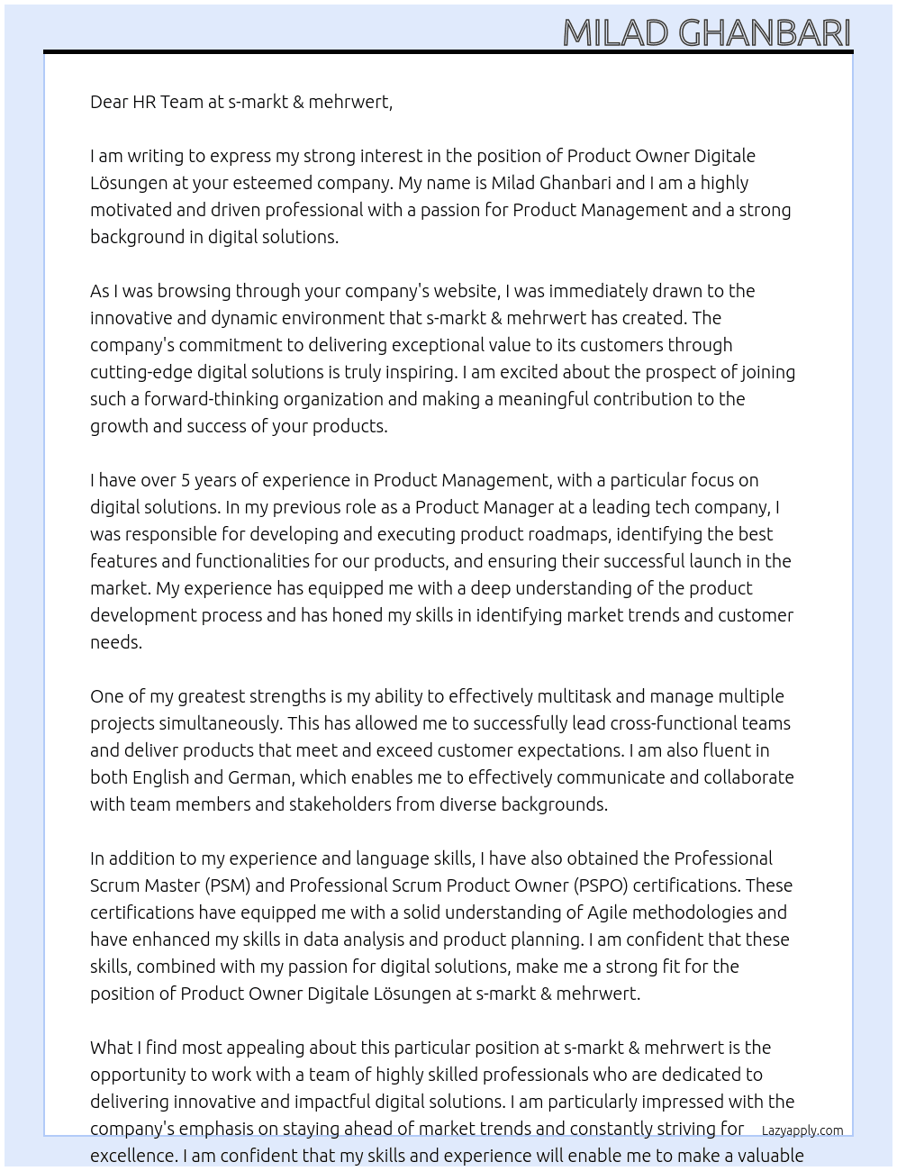 Product Owner Digitale Lösungen  At s-markt & mehrwert Cover Letter