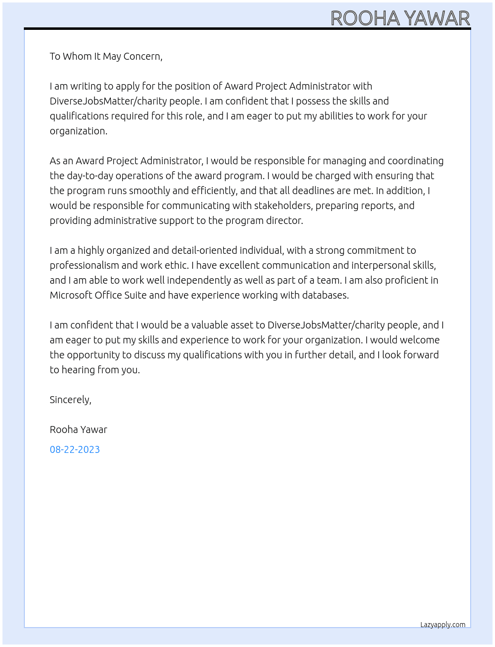 award project adminstrator At DiverseJobsMatter/charity people Cover Letter