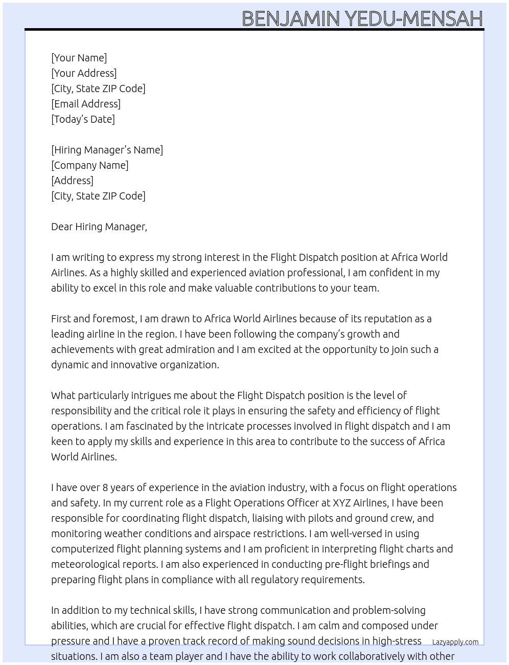 Flight Dispatch At Africa World Airlines Cover Letter