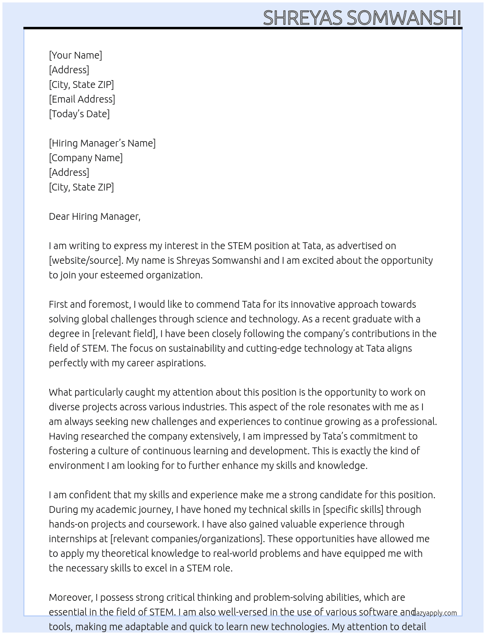 stem At tata Cover Letter
