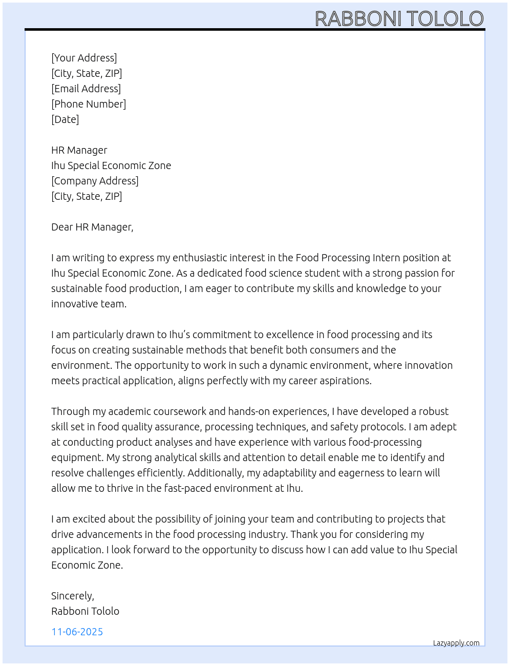 Food Processing Intern At Ihu Special Economic Zone Cover Letter
