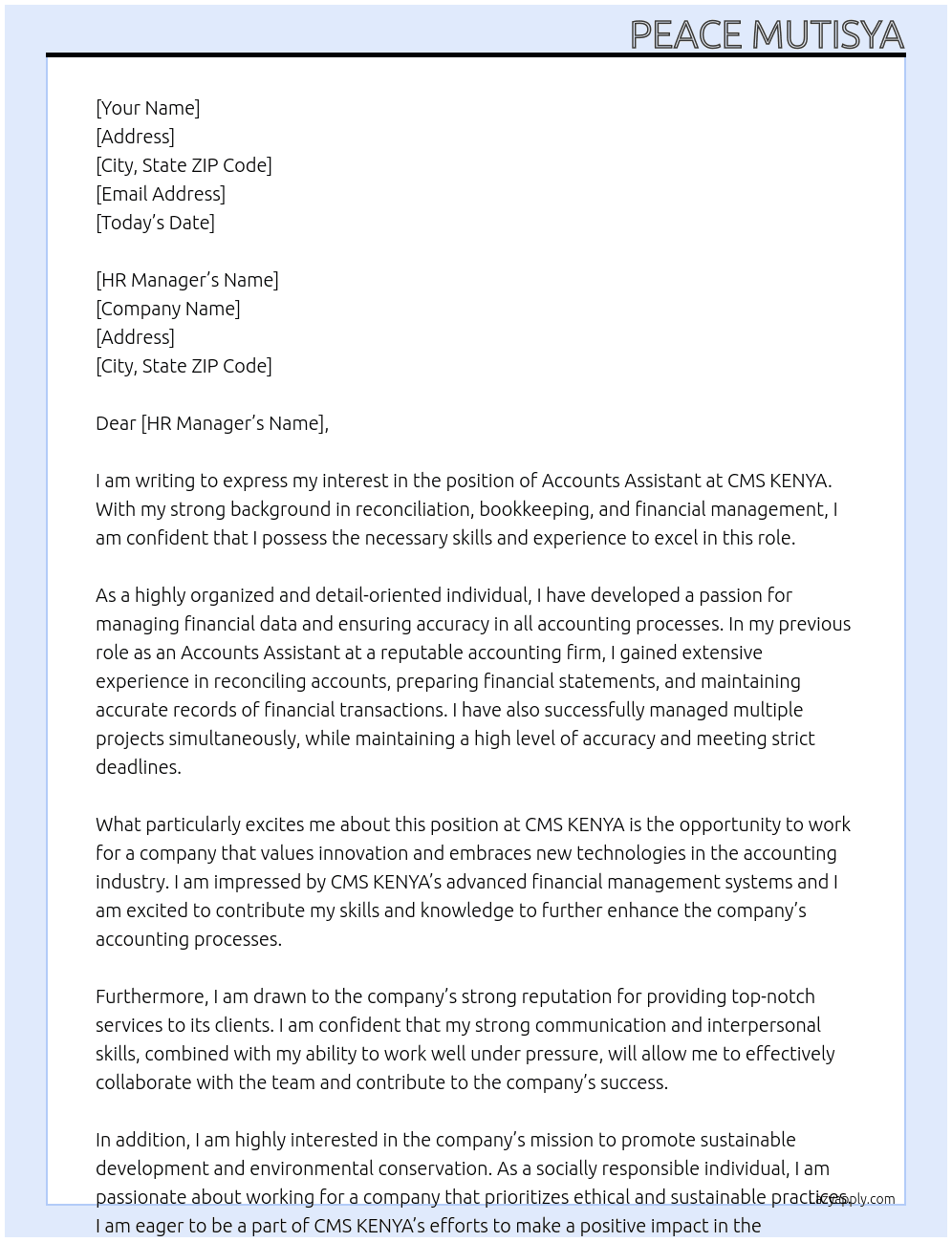 Accounts Assistant At CMS KENYA Cover Letter