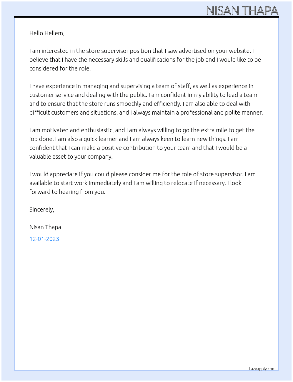 Store supervisor At hellem Cover Letter