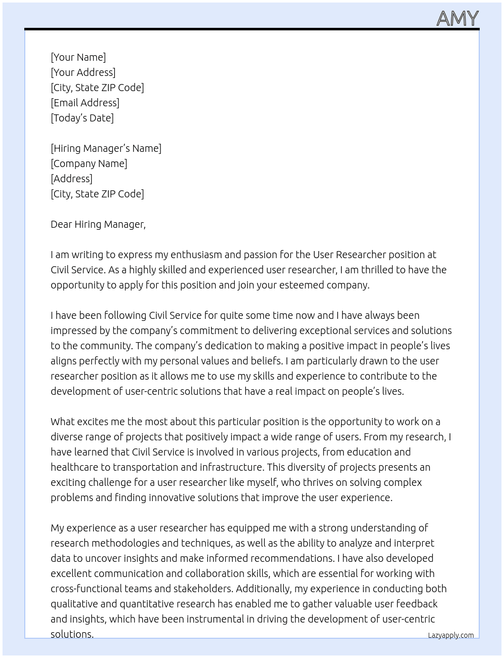 Cover letter for user rsearcher - LazyApply