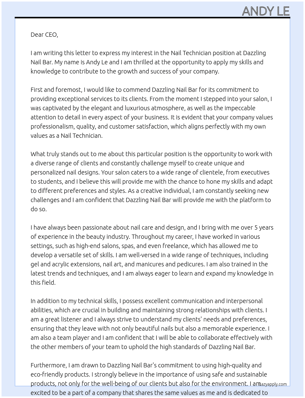 Nail Technician  At Dazzling Nail Bar Cover Letter