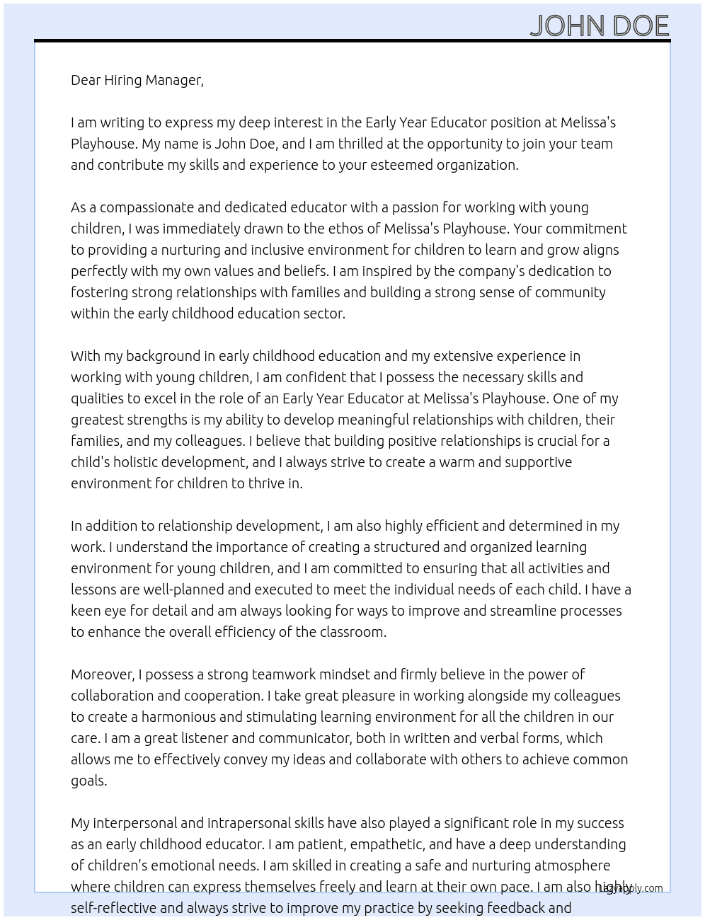 early year educator At melissa's playhouse Cover Letter