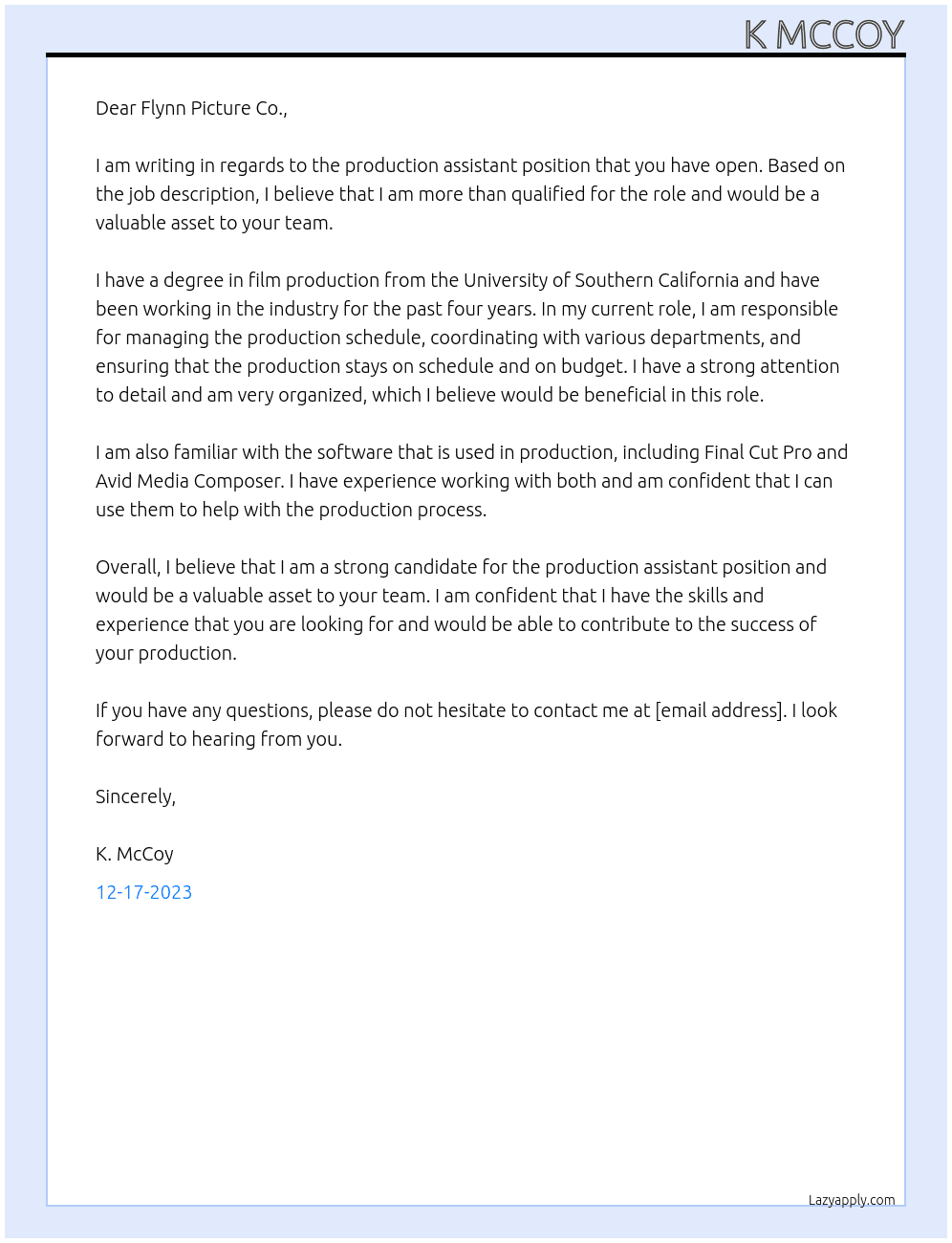 Production Assistant  At Feature Film Moana Cover Letter