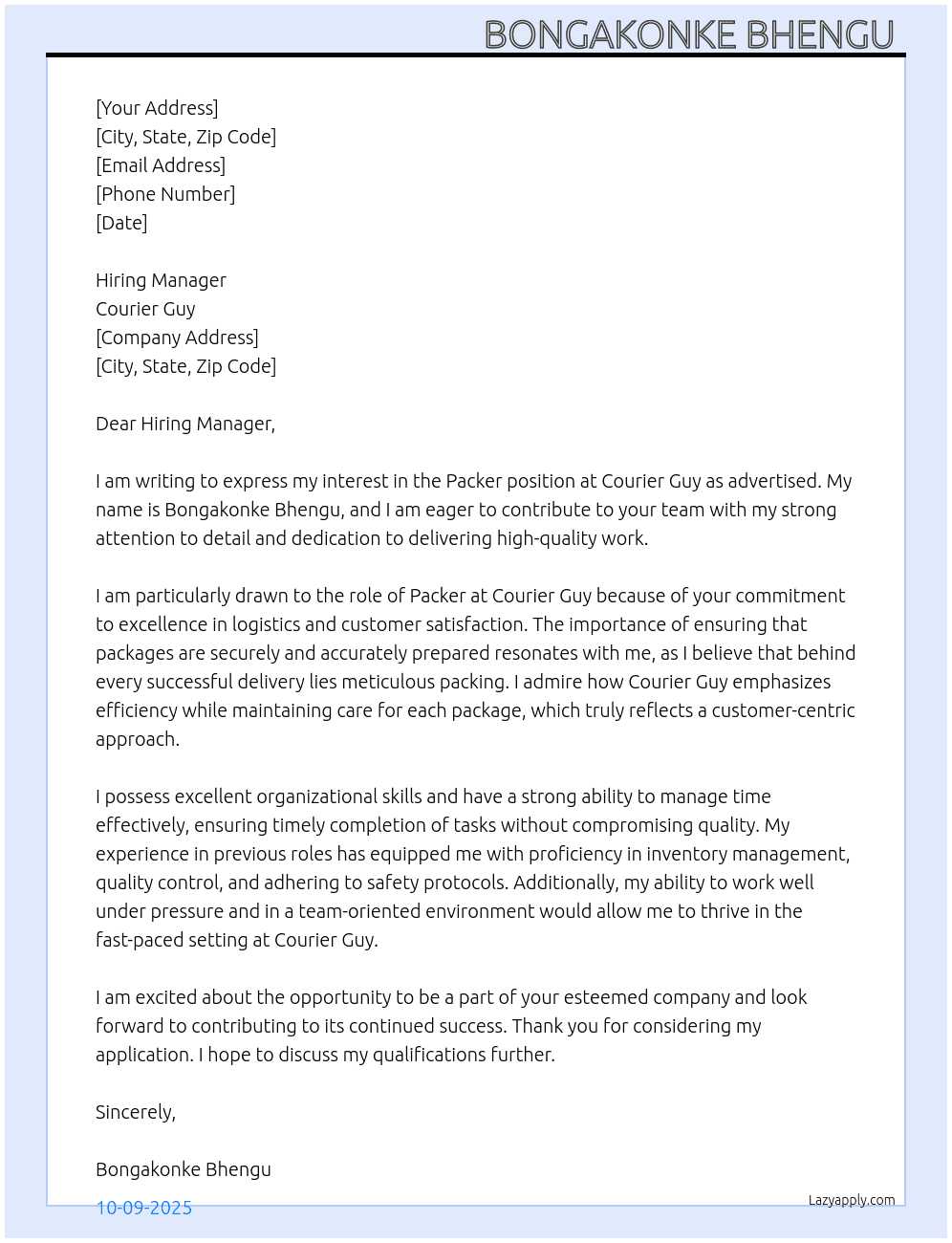 Packer At Courier guy Cover Letter