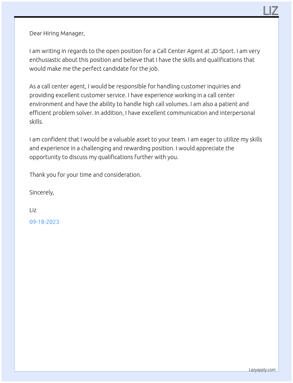 Call Center Agent At JD Sport Cover Letter