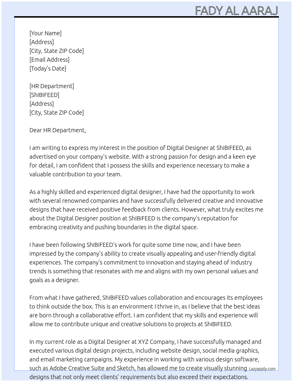 Digital Designer At ShiBiFEED Cover Letter