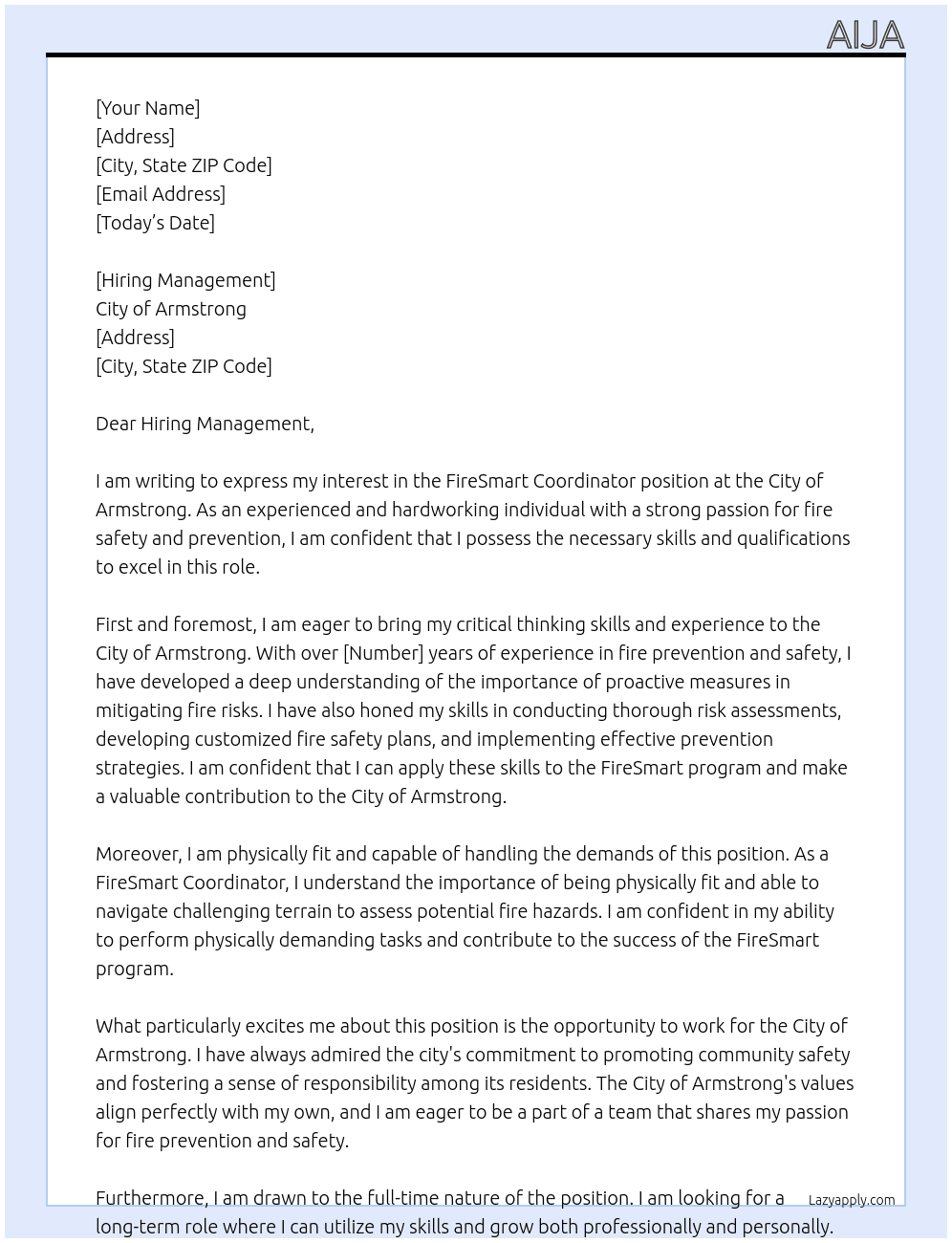 Cover letter for firesmart coordinator - LazyApply
