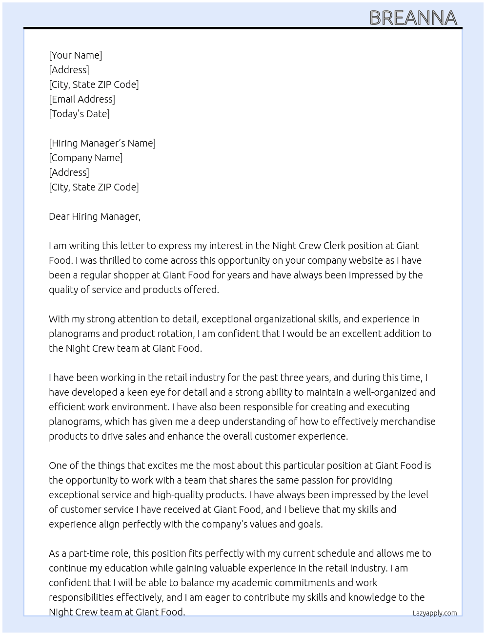 Night Crew Clerk At Giant Food Cover Letter