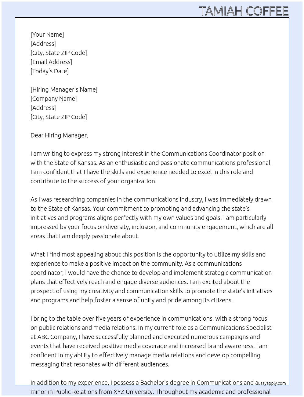 Communications Coordinator At State of Kansas Cover Letter