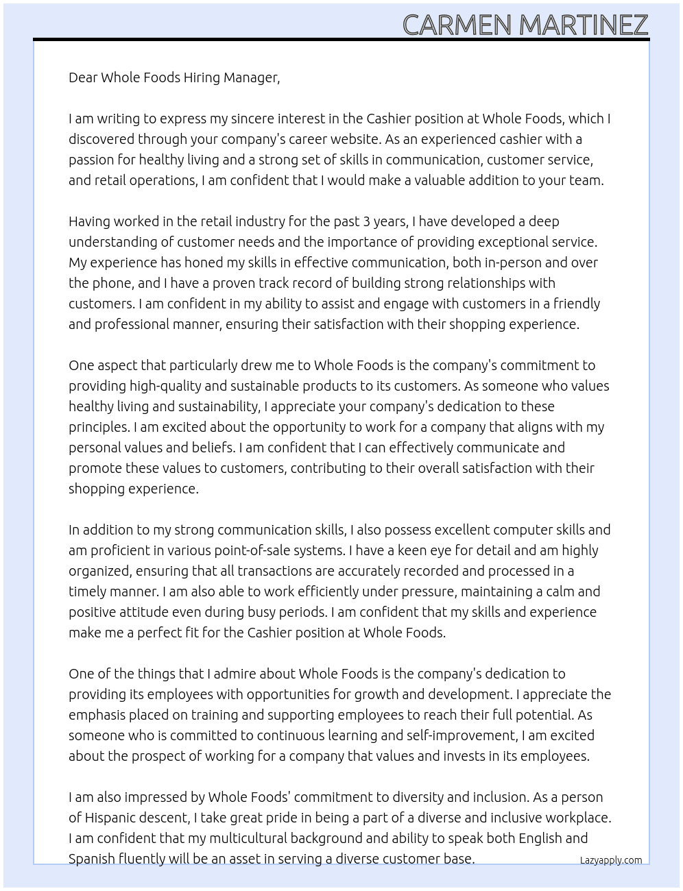 Cashier At Whole Foods  Cover Letter