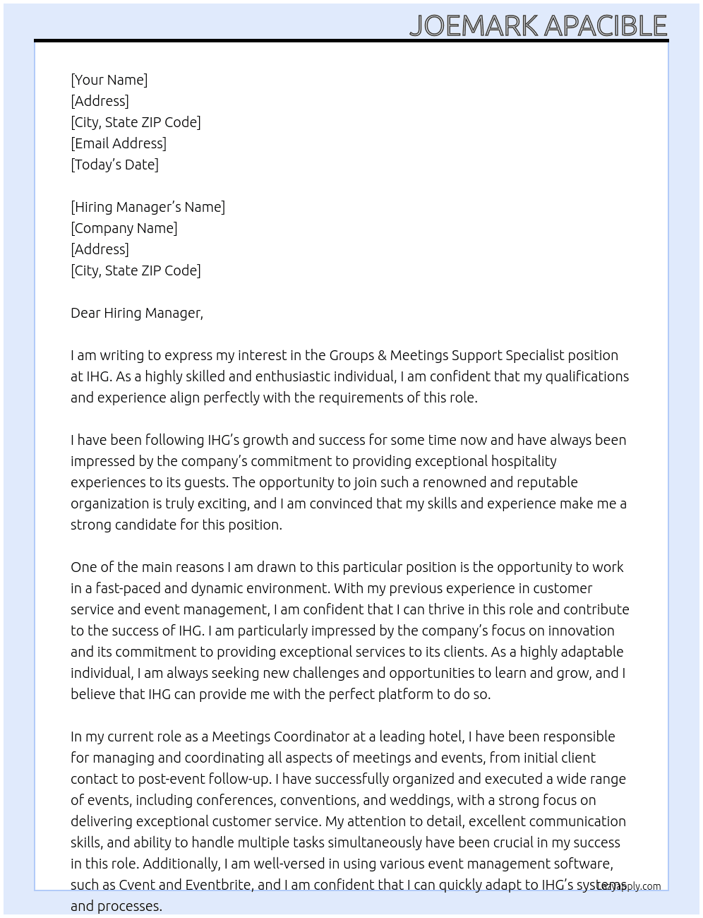 Groups & Meetings Support Specialist, IGC At IHG Cover Letter