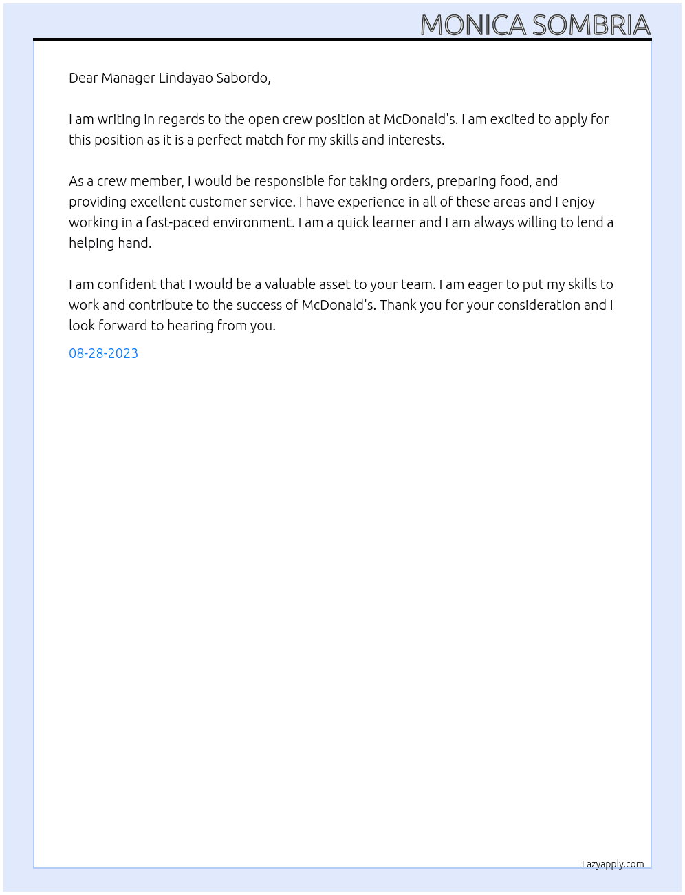 crew At mcdonald's Cover Letter