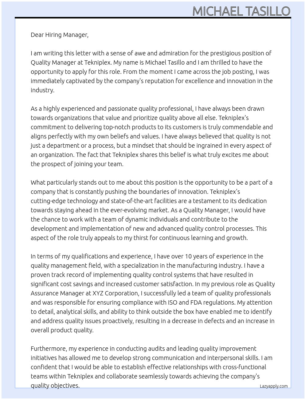Quality Manager At Tekniplex Cover Letter