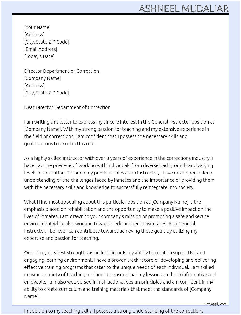 Cover letter for general instructor - LazyApply