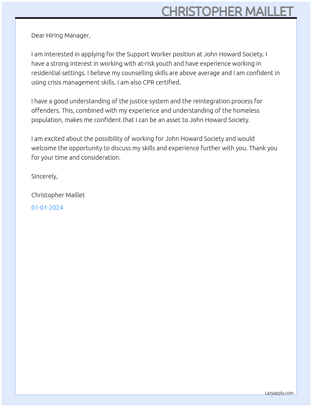 Support Worker  At John Howard Society  Cover Letter