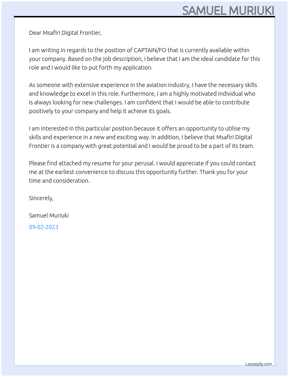 CAPTAIN/FO At Msafiri Digital Frontier Cover Letter