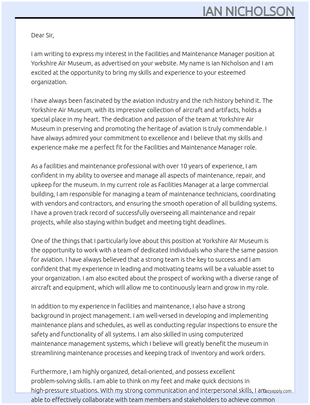 Facilities and Maintenance Manager At Yorkshire Air Museum Cover Letter