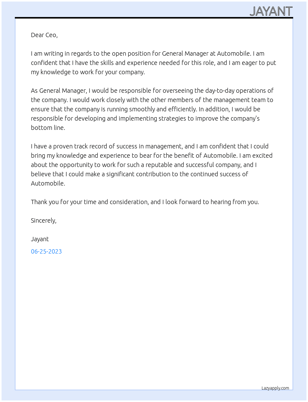 General manager At Automobile  Cover Letter