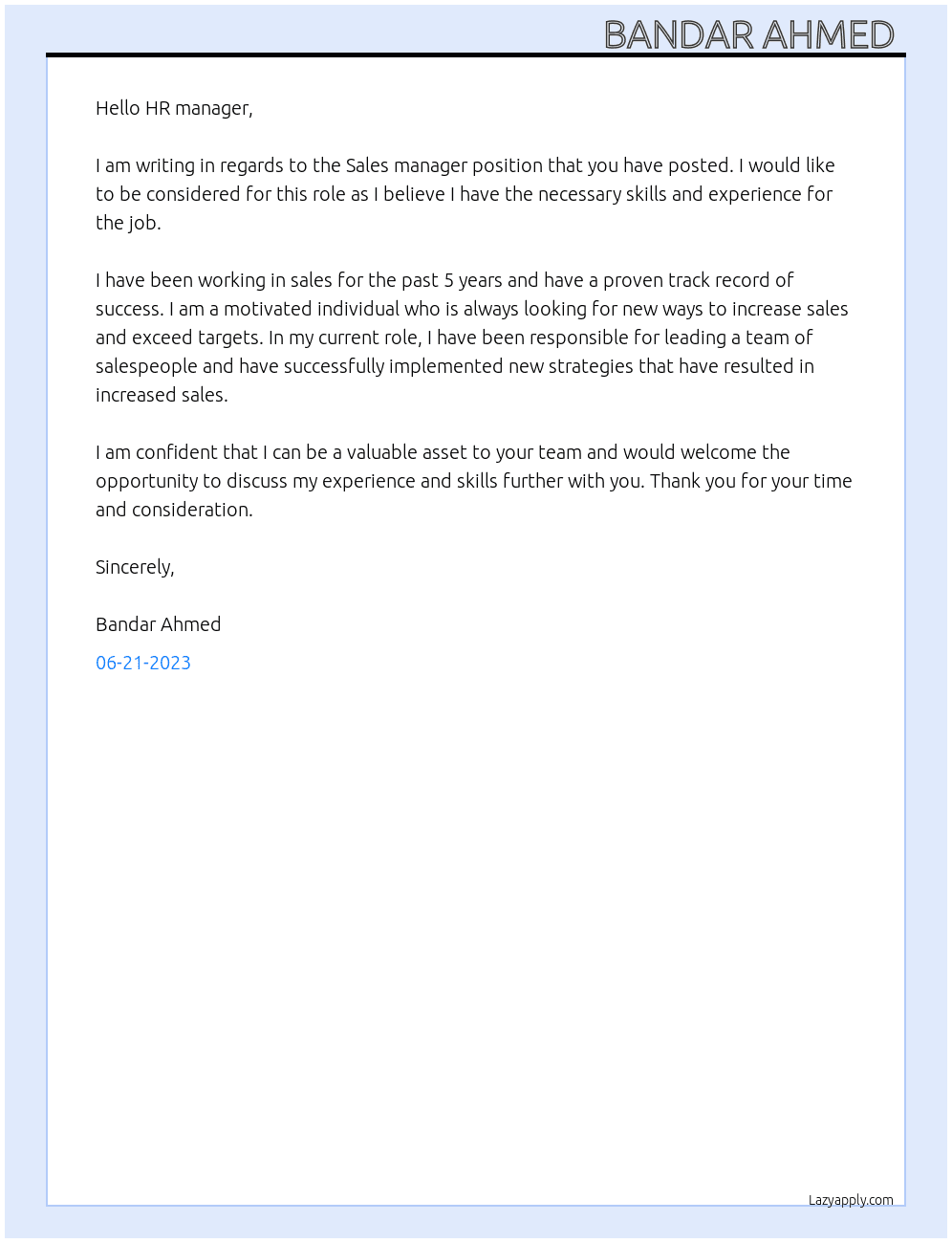 Sales manager  At HR manager  Cover Letter