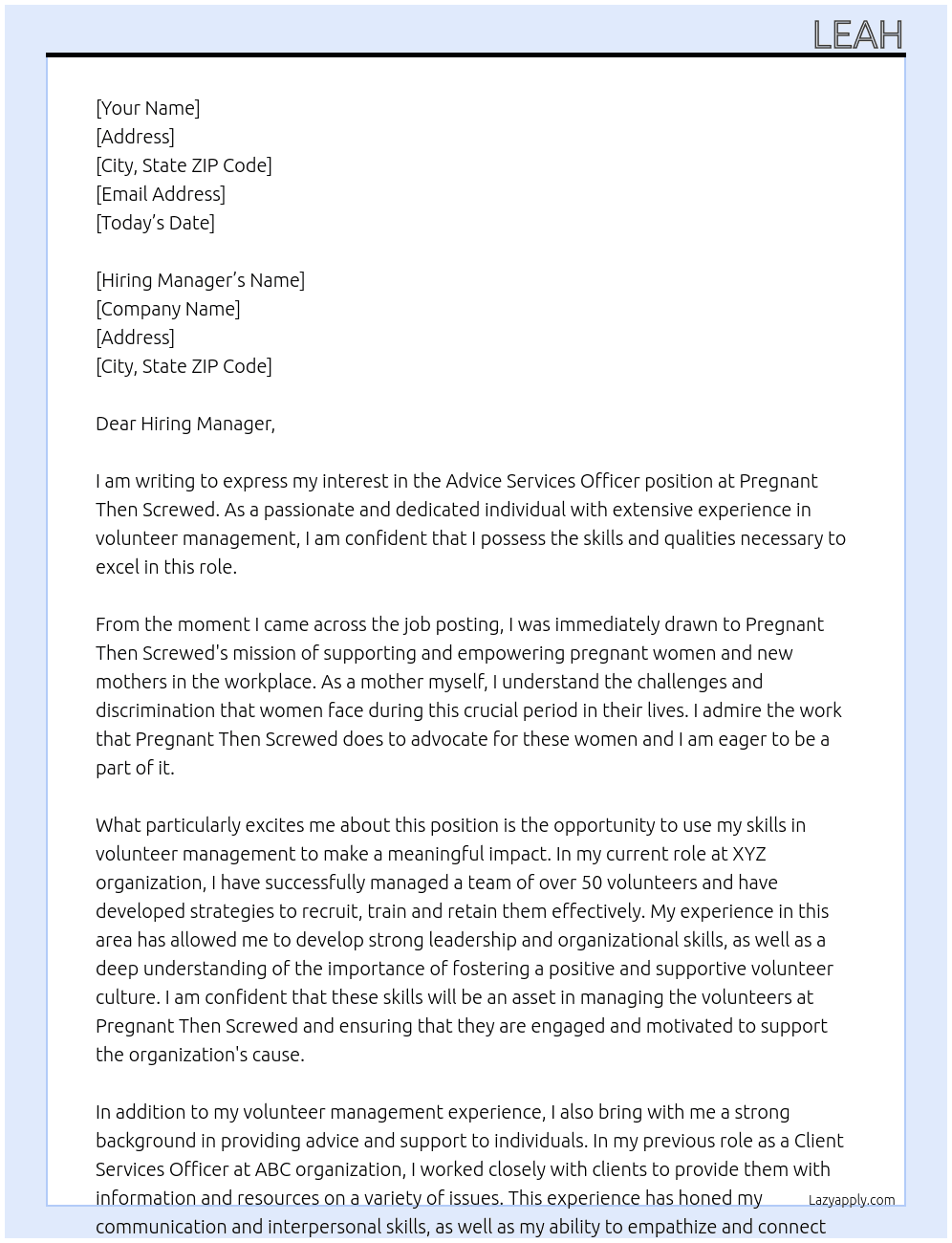Advice Services Officer At Pregnant Then Screwed Cover Letter
