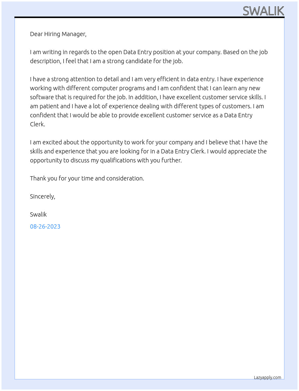 Data entry At Customer service rep Cover Letter