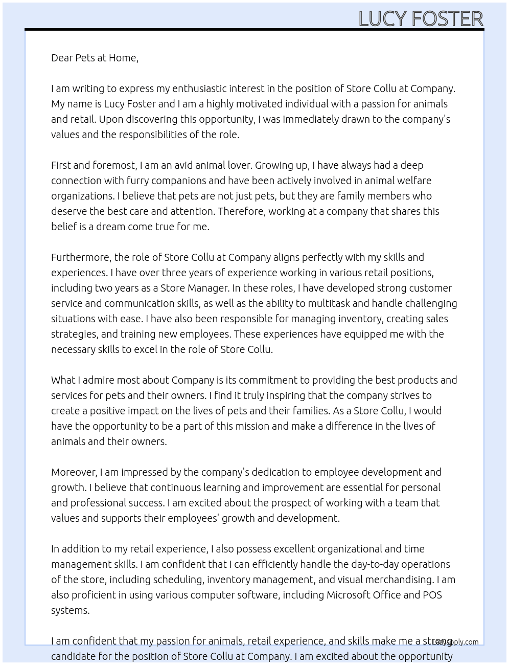Cover letter for store collu - LazyApply