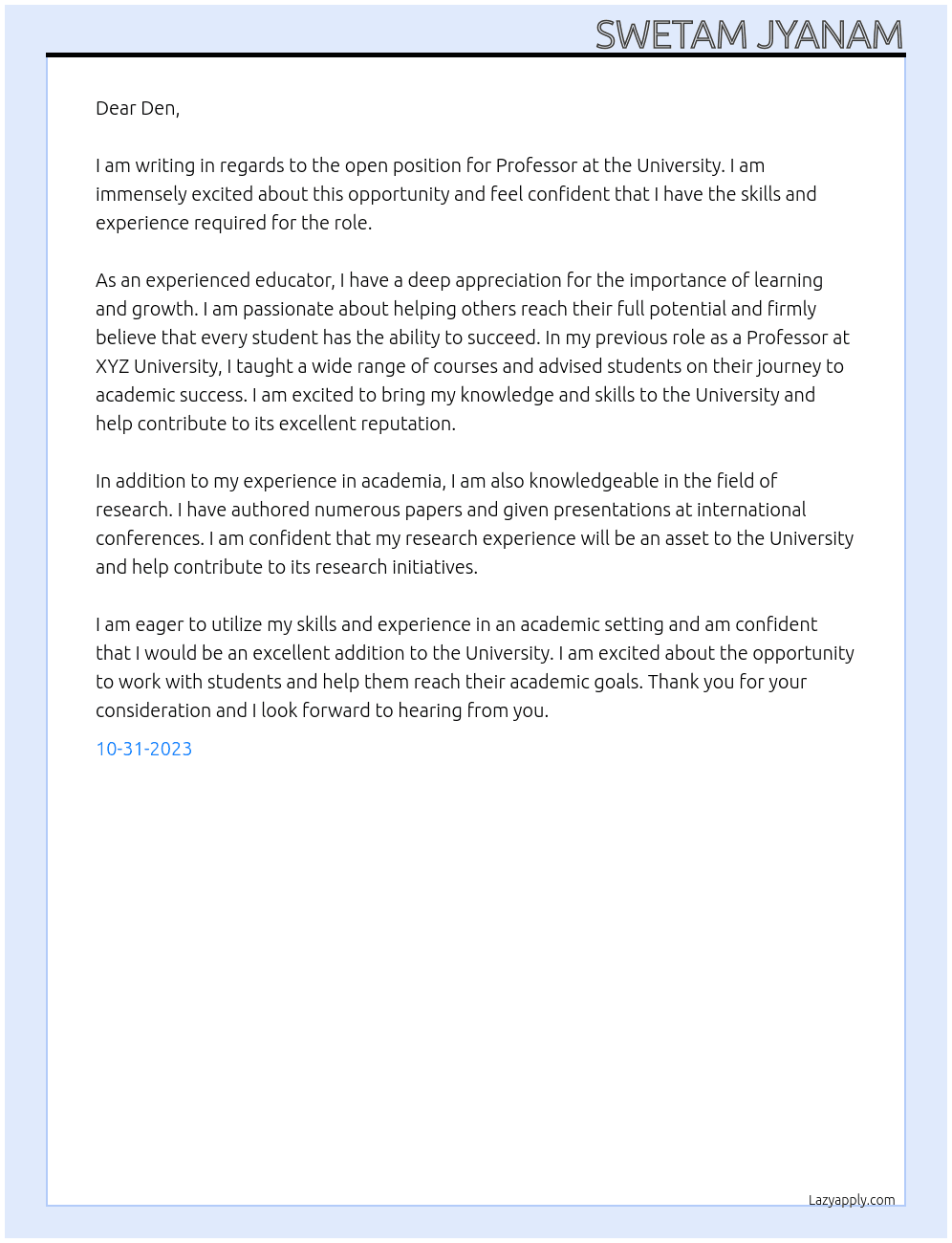 Professor At University Cover Letter