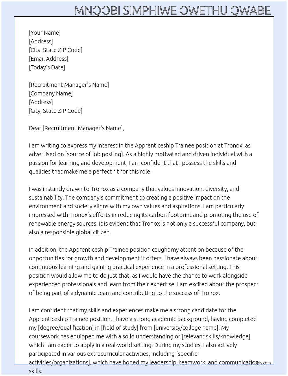 Apprenticeship Trainee  At Tronox Cover Letter