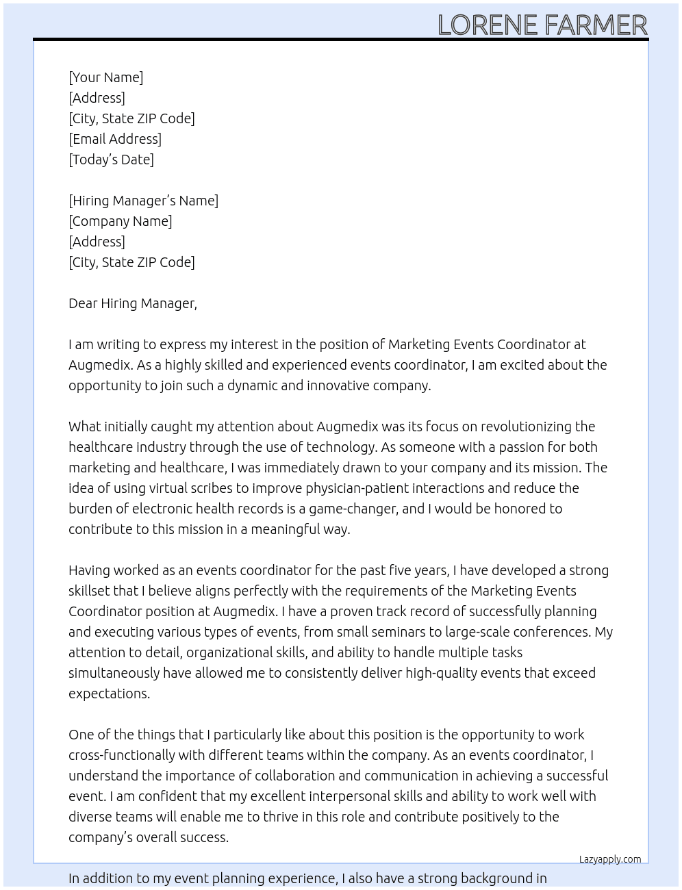 Marketing Events Coordinator At Augmedix Cover Letter