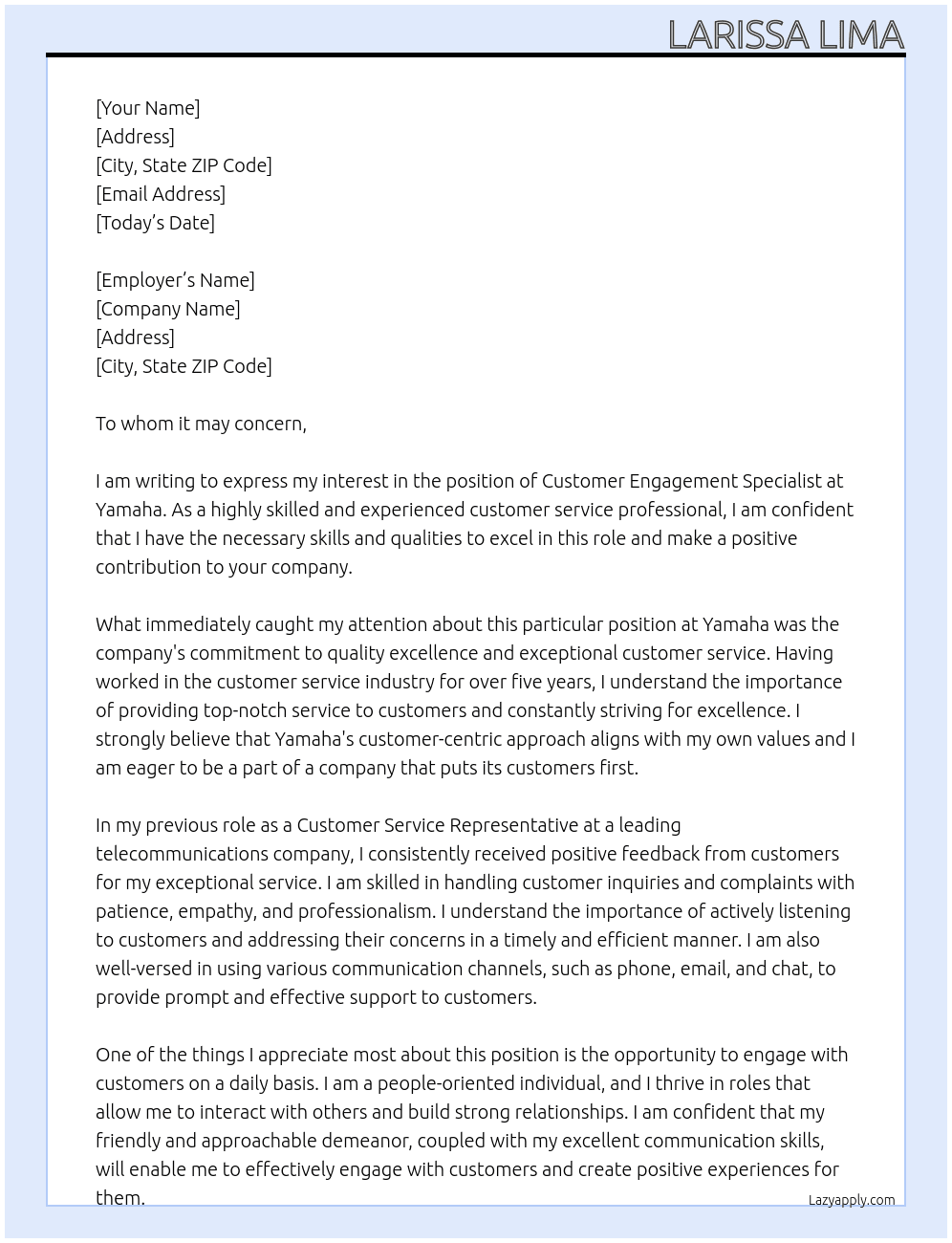 Customer Engagement Specialist At Yamaha Cover Letter