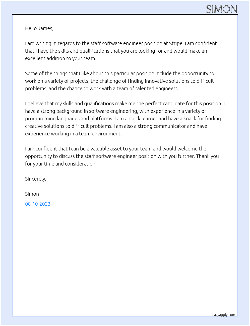 staff software engineer At Stripe Cover Letter
