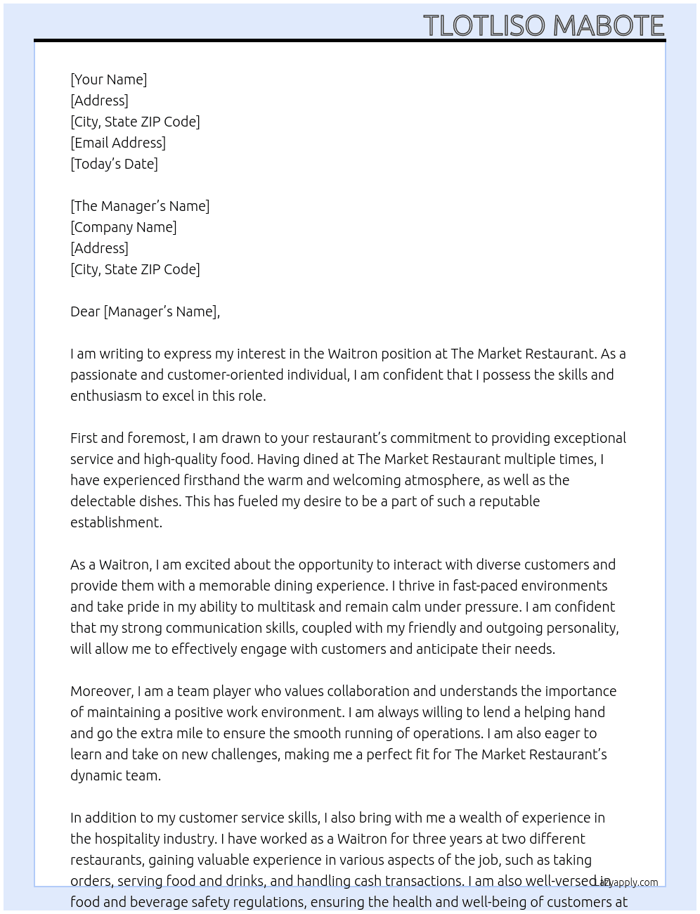 Waitron At The market restaurant Cover Letter