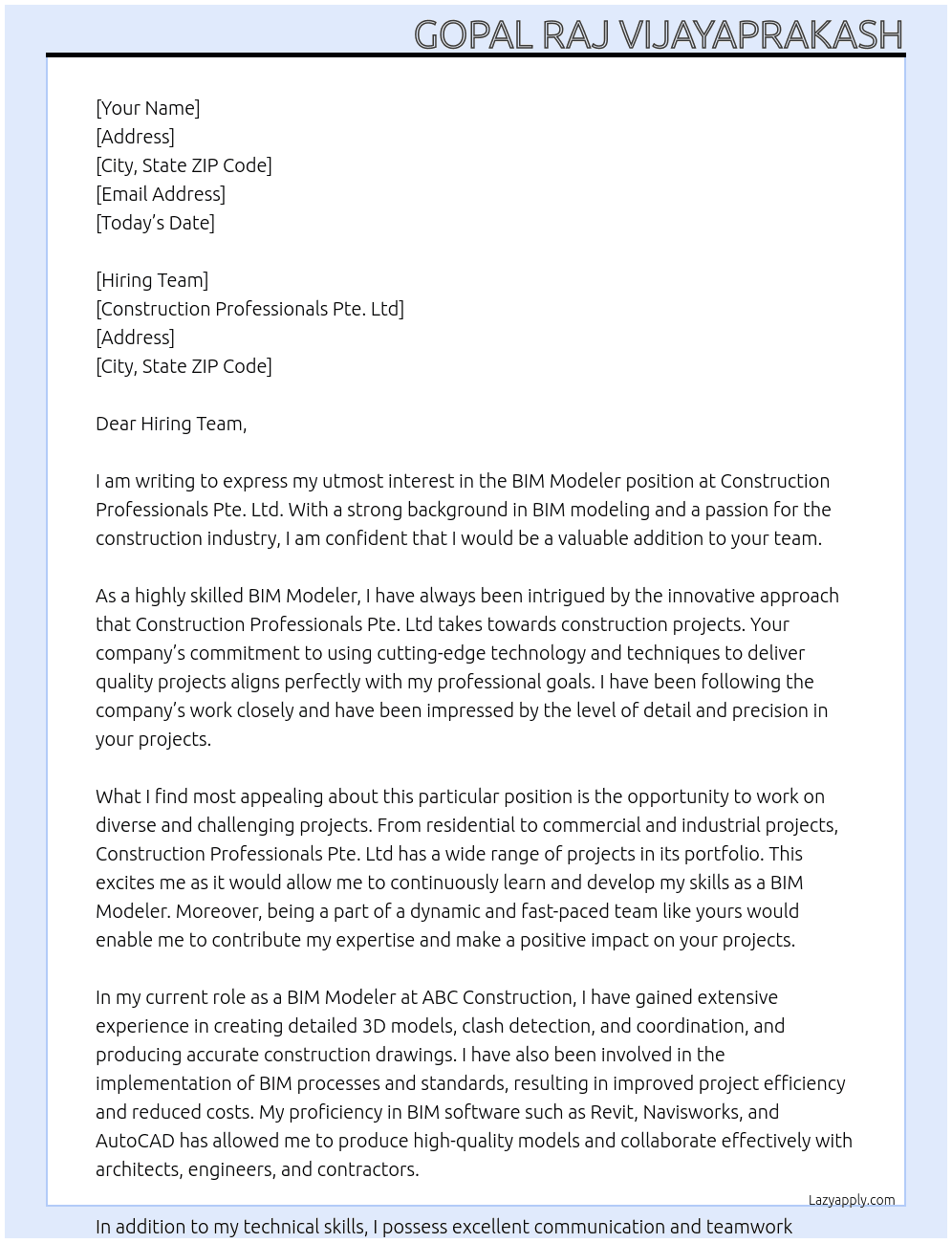 BIM MODELER At CONSTRUCTION PROFESSIONALS PTE. LTD Cover Letter