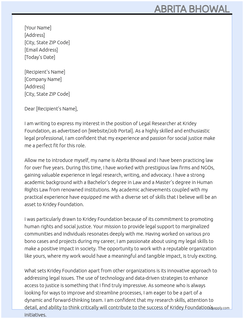 Legal researcher  At Kridey foundation  Cover Letter