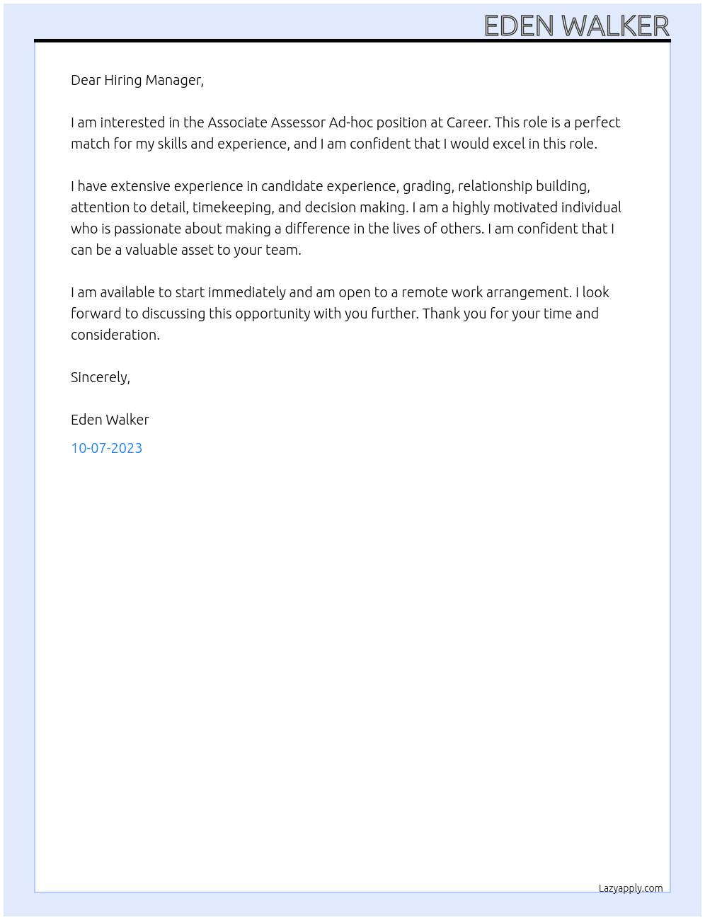 Associate Assessor Ad-hoc At Career Cover Letter