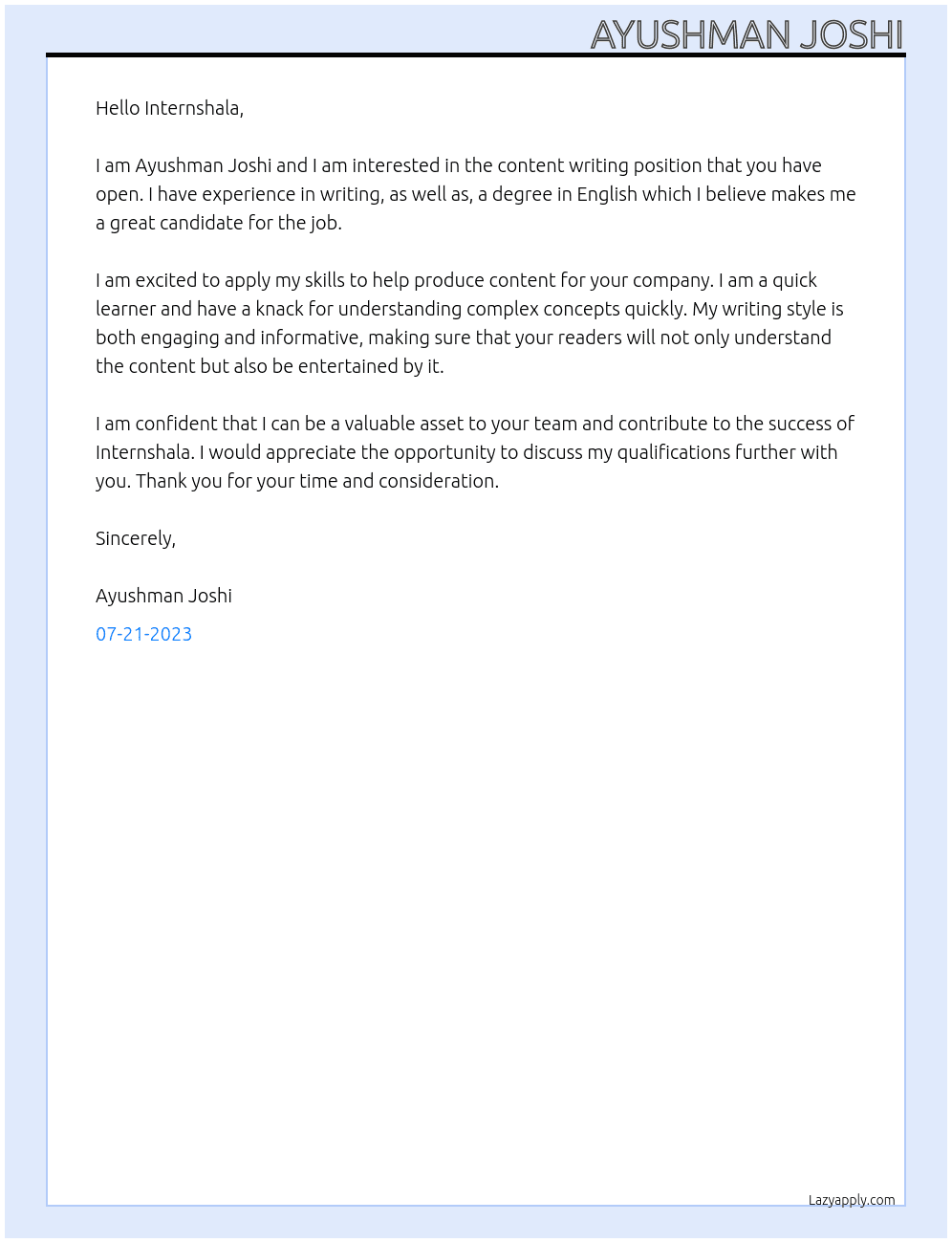Content Writting At Internshala Cover Letter
