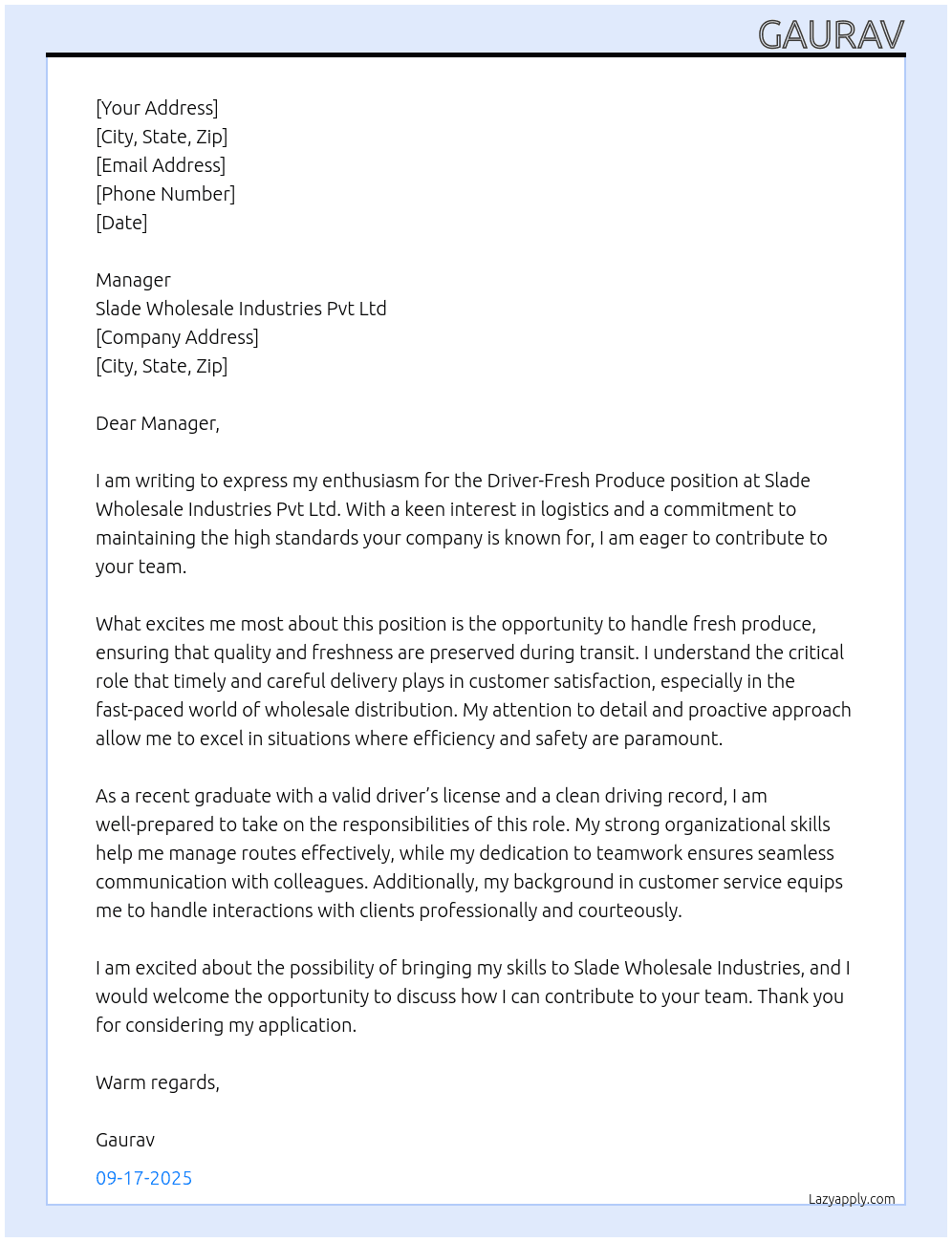 Cover letter for driver-fresh produce - LazyApply