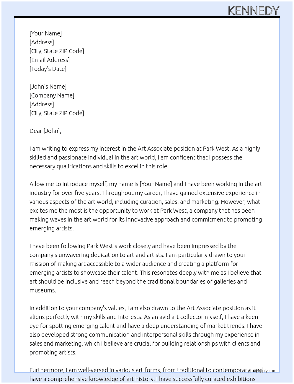 art associate At park west Cover Letter