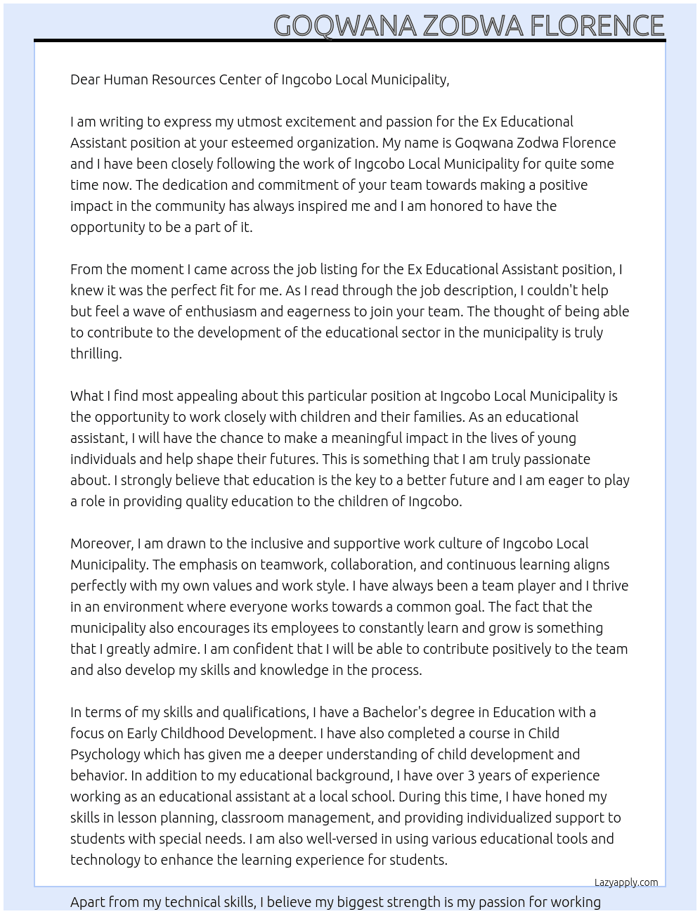 Ex Educational assistant  At Ingcobo local municipality  Cover Letter